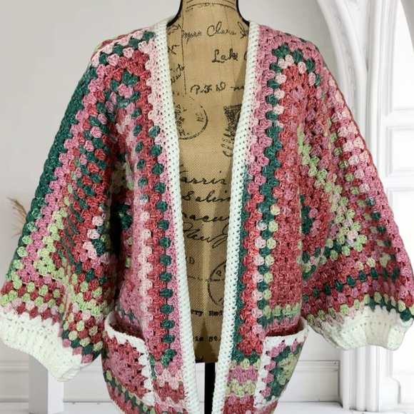 Handcrafted Crochet Granny Square Hexagon Sweater Cardigan New Open Front - Picture 4 of 12
